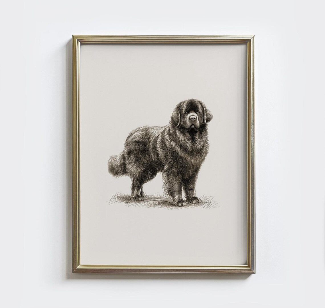 Newfoundland Dog Sketch Vintage Black And White Animal Poster