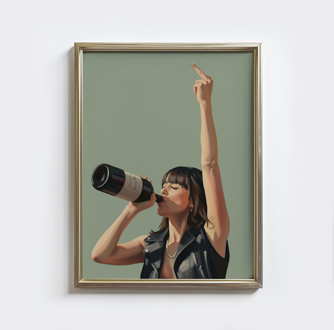 Cheeky Wine Woman Middle Finger Sage Green Retro Bar Cart Statement Poster