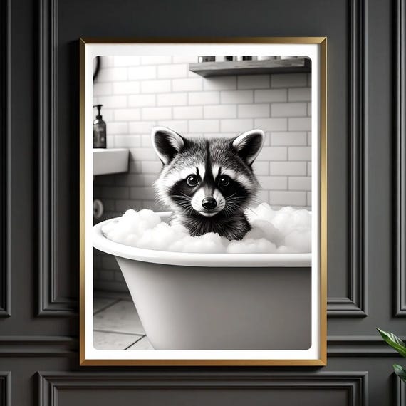 Raccoon In Bathtub Art Funny Bathroom Animal Print