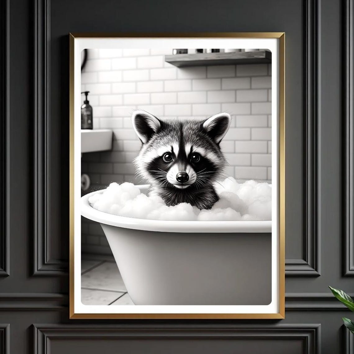 Raccoon In Bathtub Art Funny Bathroom Animal Print