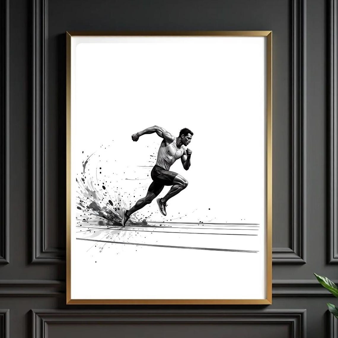 Sprinter Running Track Black And White Ink Splash Sports Poster