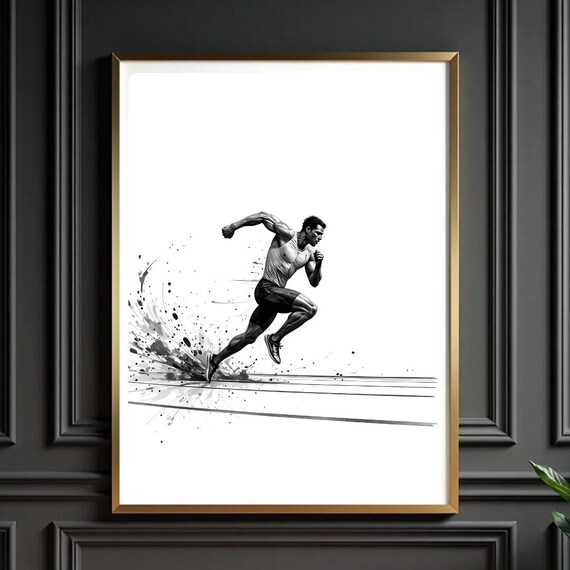 Sprinter Running Track Black And White Ink Splash Sports Poster