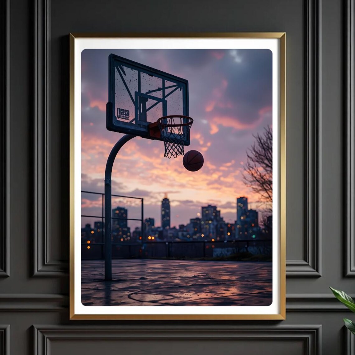 Urban Basketball Court at Sunset City Skyline Streetball Poster