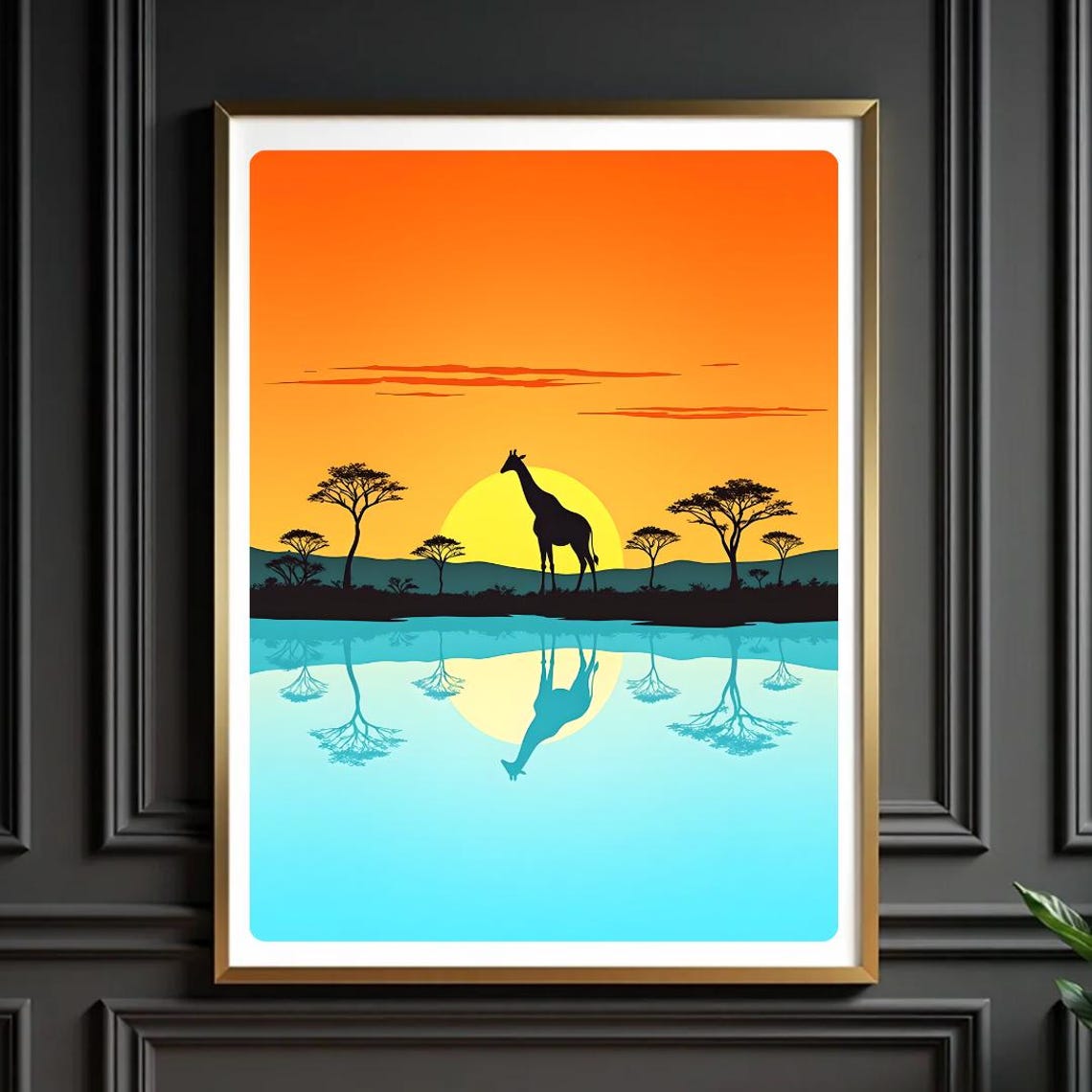 Giraffe Sunset Reflection African Savannah Silhouette Art Poster