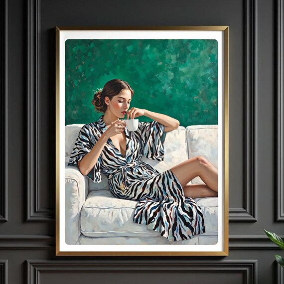 Elegant Woman Oil Painting Emerald Green Zebra Robe Coffee Poster