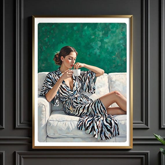 Emerald Green Woman Oil Painting Print Elegant Lounging Art