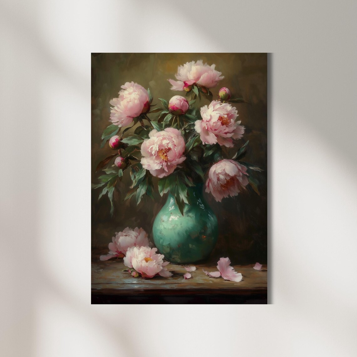 Pink Peonies in Teal Vase Moody Floral Still Life Oil Painting Poster - Image 5