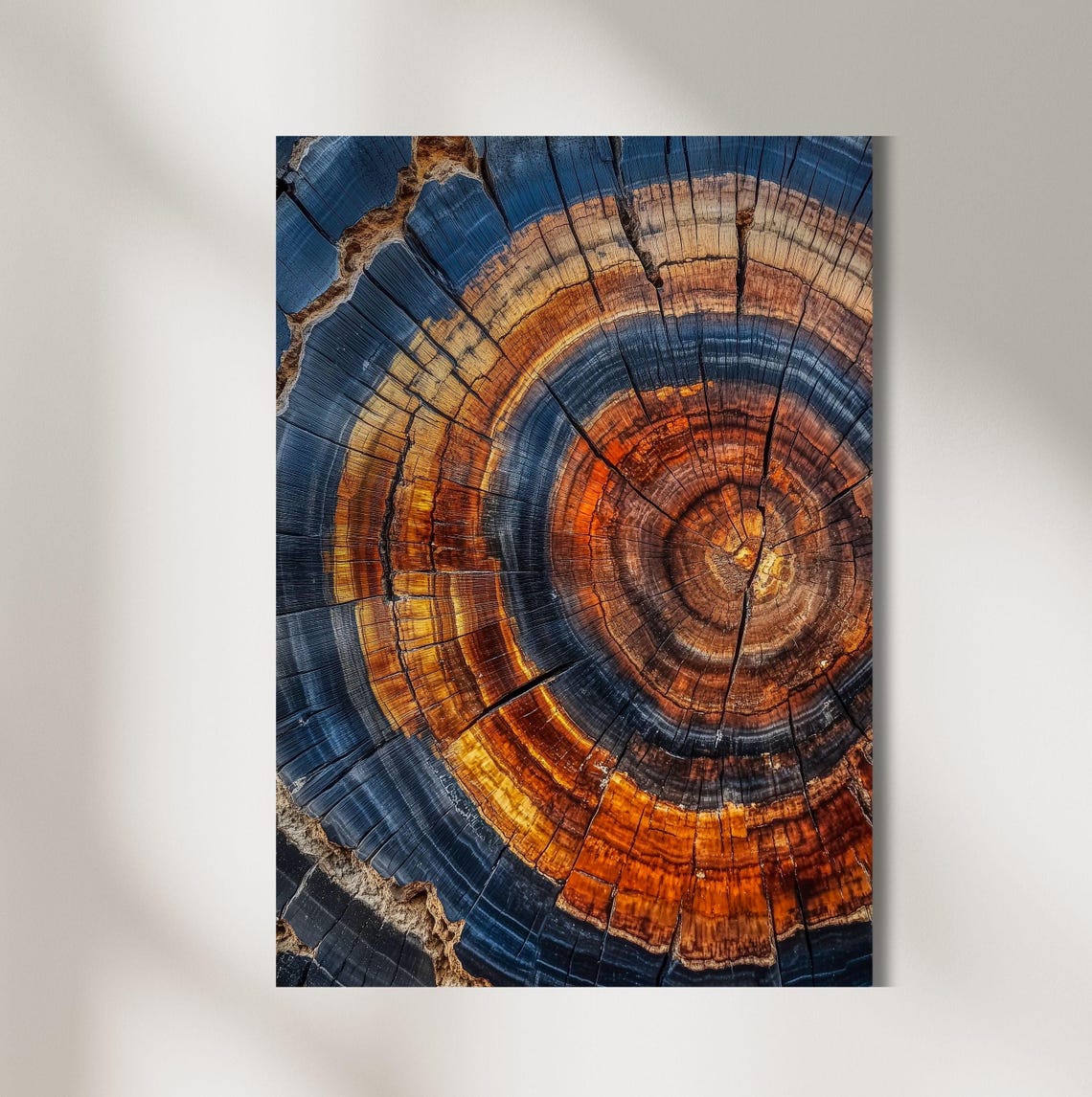 Blue and Amber Tree Trunk Cross Section Growth Ring Wall Art