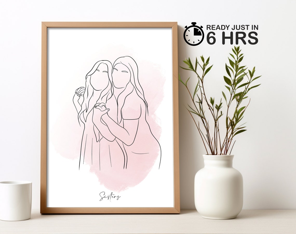 Custom Sisters Laughing Line Art Portrait Poster with Pink Glow
