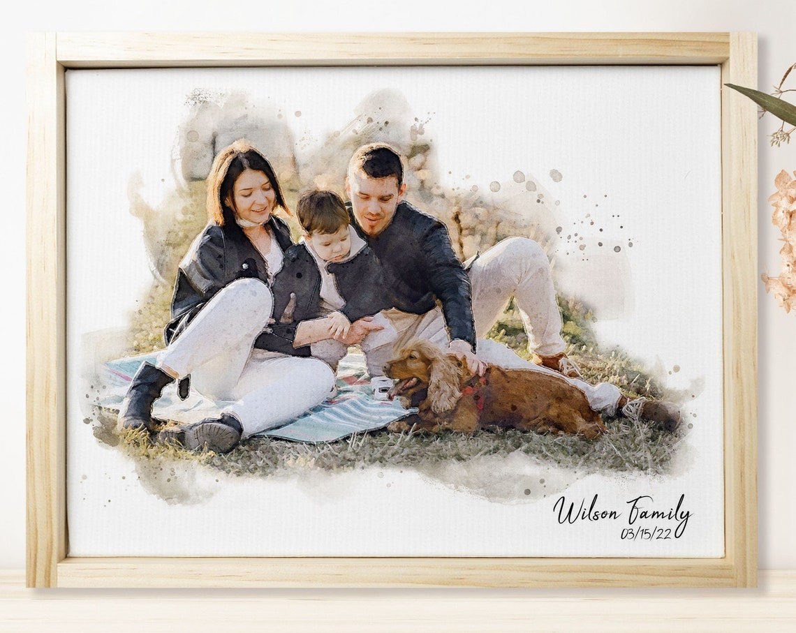 Watercolor Family Portrait Your Photo On Abstract Art Mothers Day Gift Gift For Mom Living Room Wall Hanging Apartment Decor