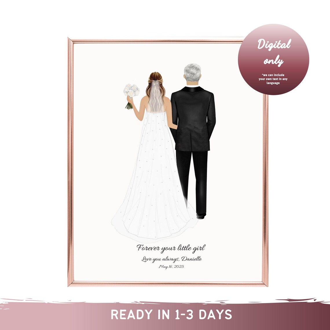 Bride and Father Wedding Portrait Art Print, Wedding Gift