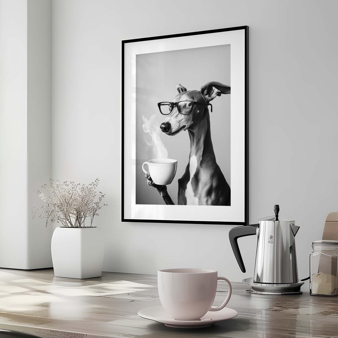 Greyhound with Glasses Holding Steaming Coffee Cup Funny Poster - Image 3