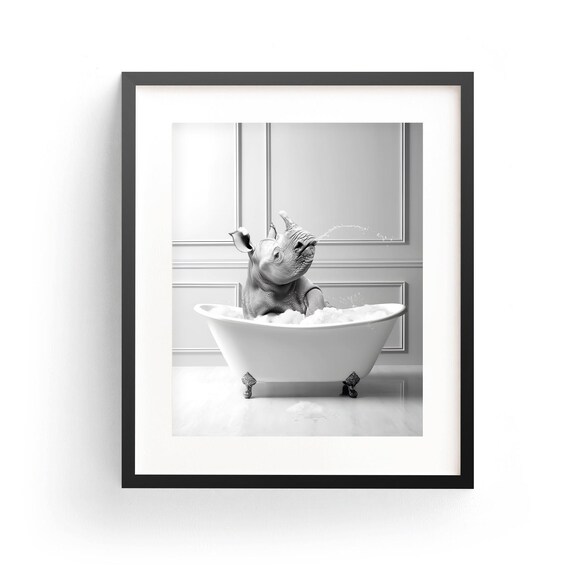 Baby Rhino Splashing in Bubble Bathtub Funny Bathroom Animal Poster