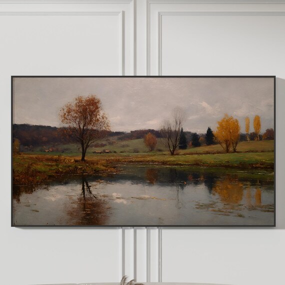 Autumn Pond Landscape Painting Rustic Frame Tv Art