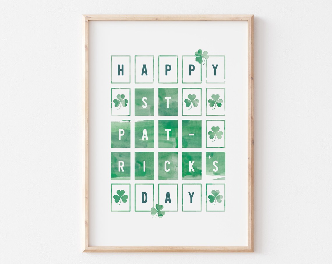 Happy St Patrick's Day Green Watercolor Shamrock Crossword Print