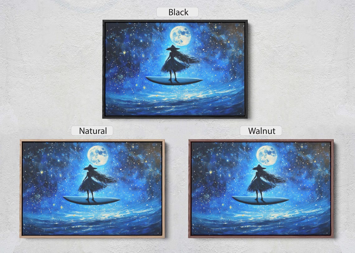 Surfing Witch Standing on Surfboard Under Starry Full Moon Night Print - Image 2