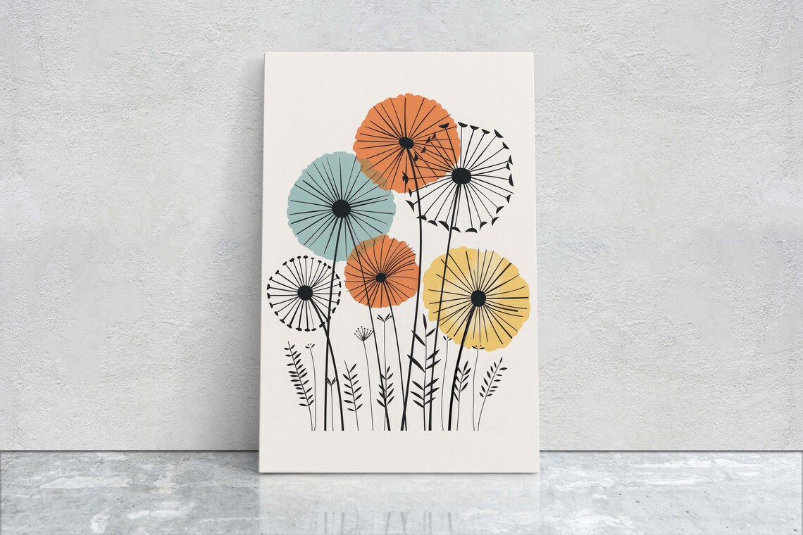 Mid Century Dandelion Heads Orange Teal Minimalist Retro Art Poster