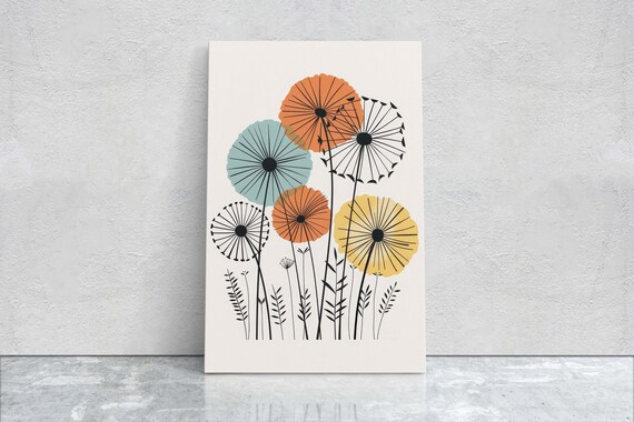 Mid Century Dandelion Heads Orange Teal Minimalist Retro Art Poster