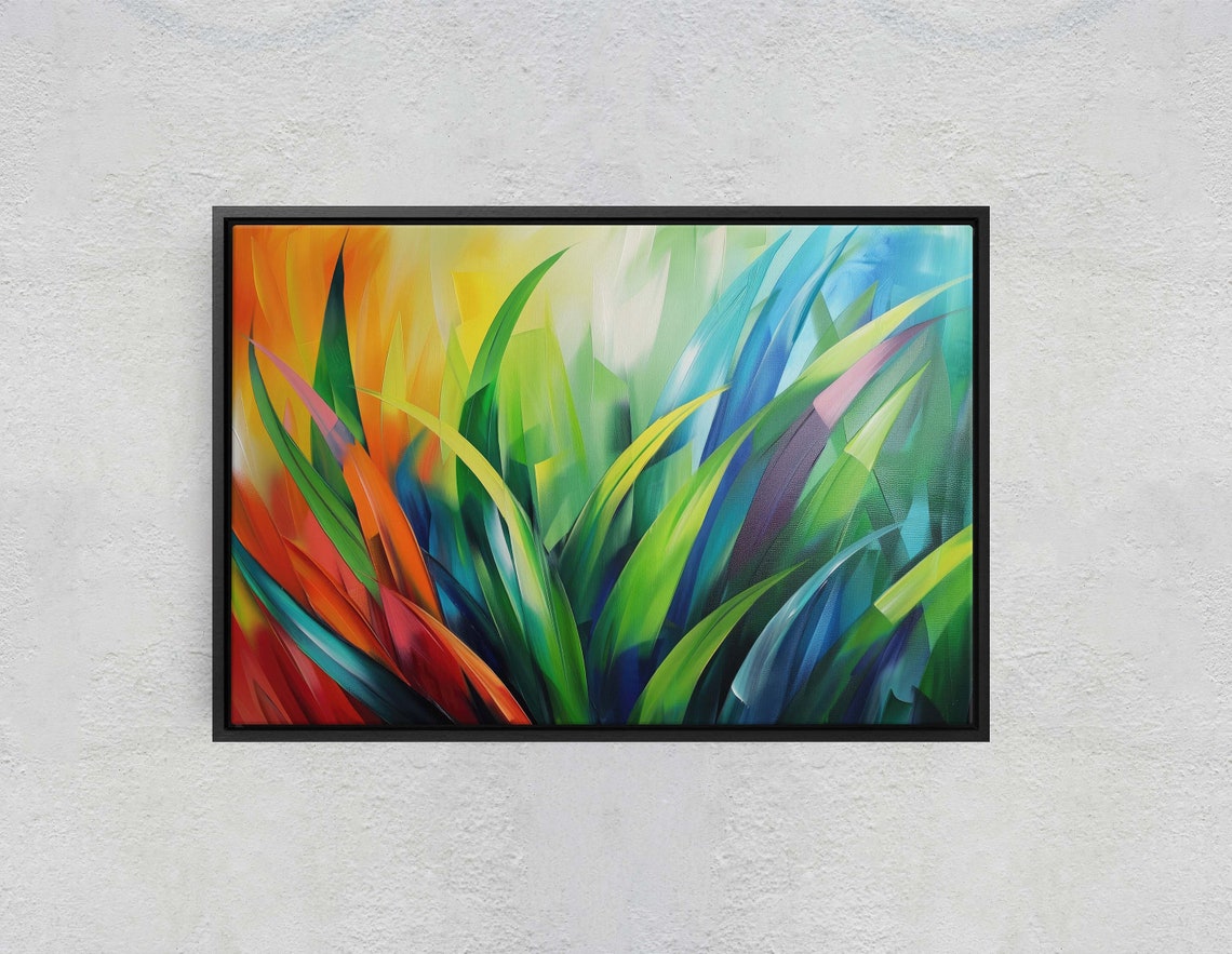 Modern Grass Lush Botanical Abstract Plant Contemporary Decor Framed Rainbow Color Vivid Bold Statement Piece Floral Art - Image 2