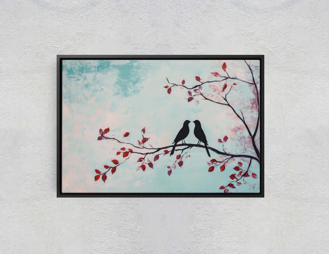Black Love Birds Silhouette On Red Leaf Branch Pastel Art Poster