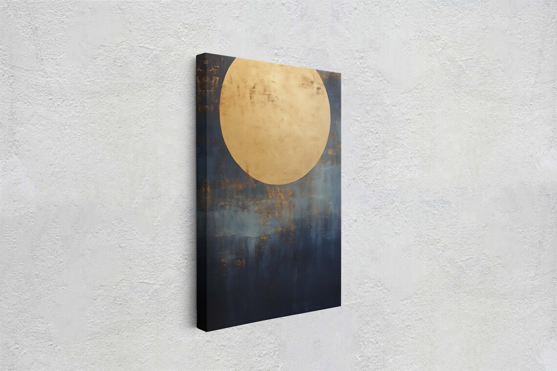 Gold Moon on Indigo Night Sky, Minimalist Art Print - Image 2