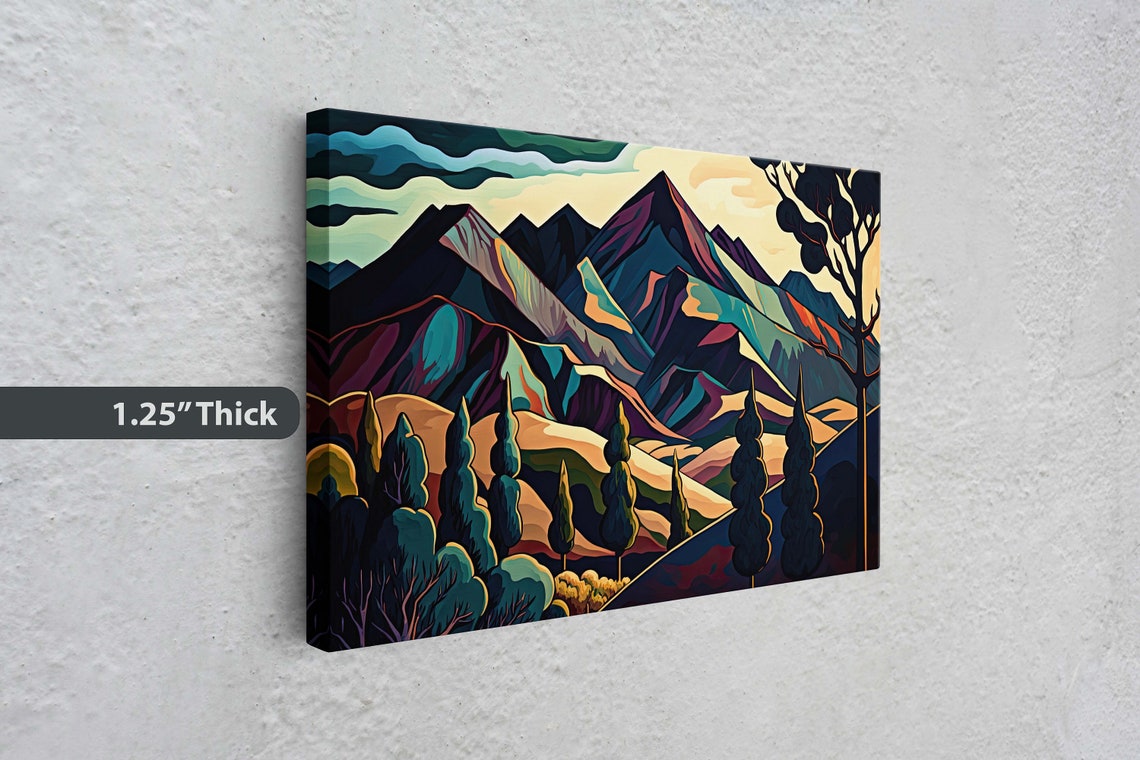 Art Deco Dark Mountain Peaks Cypress Trees Sunset Valley Wall Art - Image 3