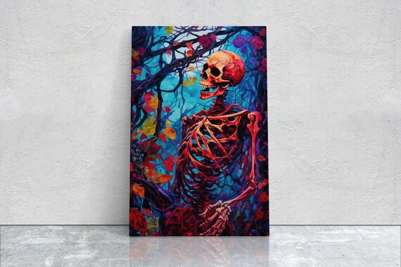 Colorful Skeleton Autumn Leaves Tree Gothic Halloween Art Poster