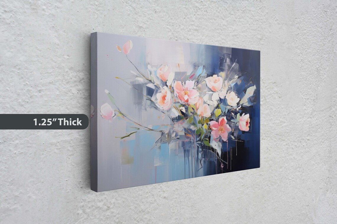 Pale Pink Blossoms Moody Indigo Night Floral Abstract Art Poster - Image 3