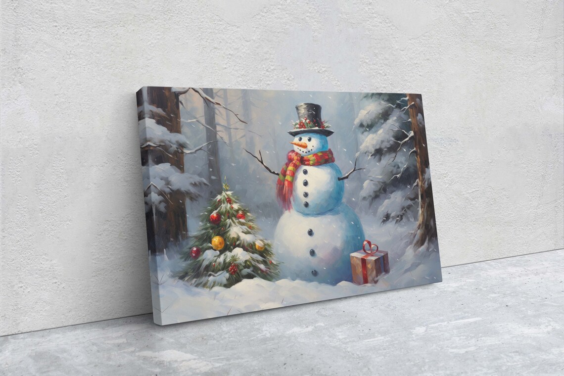 Snowman With Present Christmas Holiday Art Print - Image 3
