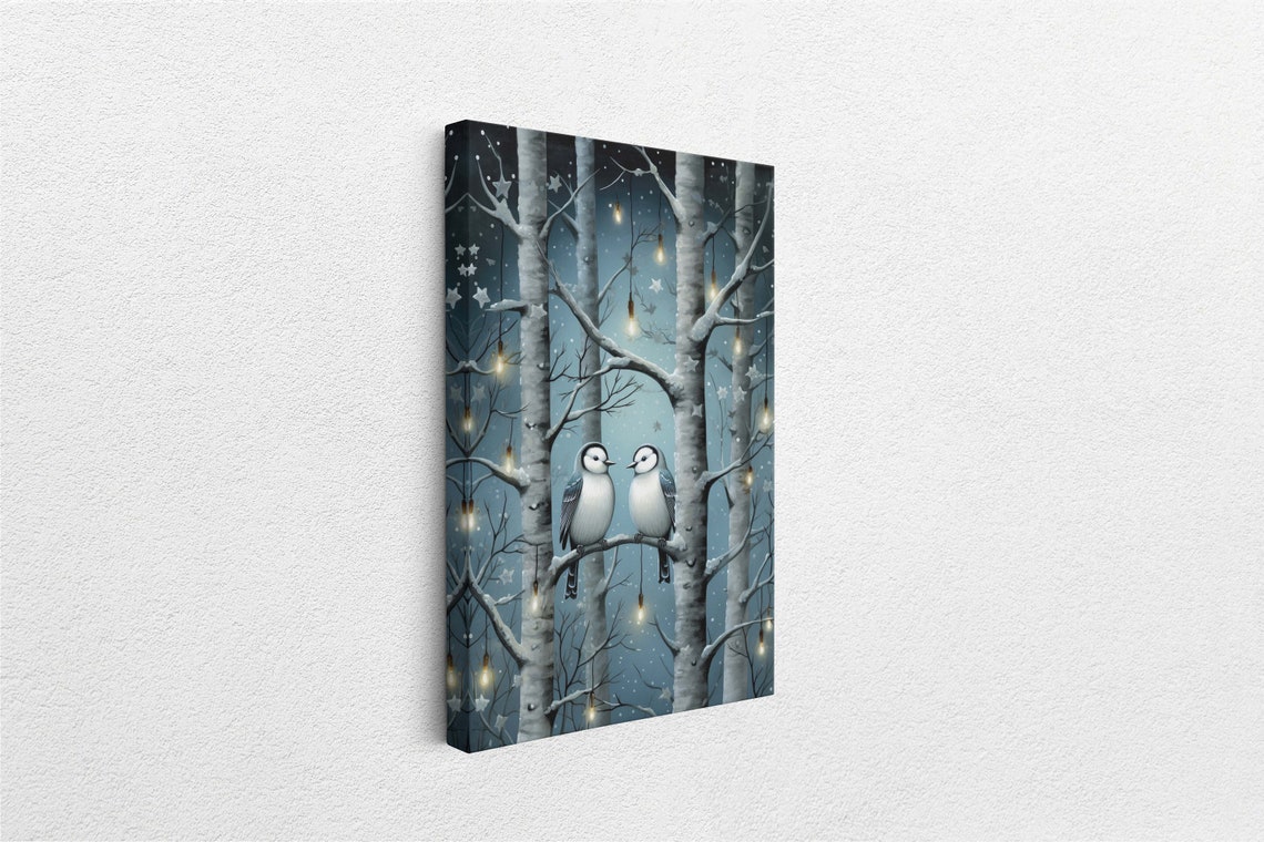 Winter Birds Snowy Birch Forest String Lights Cozy Bird Art Poster - Image 3
