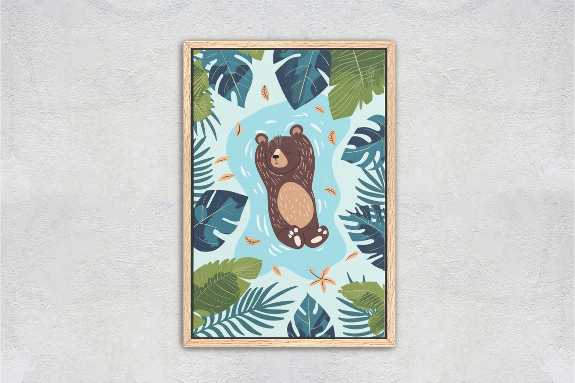 Cute Baby Bear Floating in Tropical Water Nursery Kids Room Wall Art