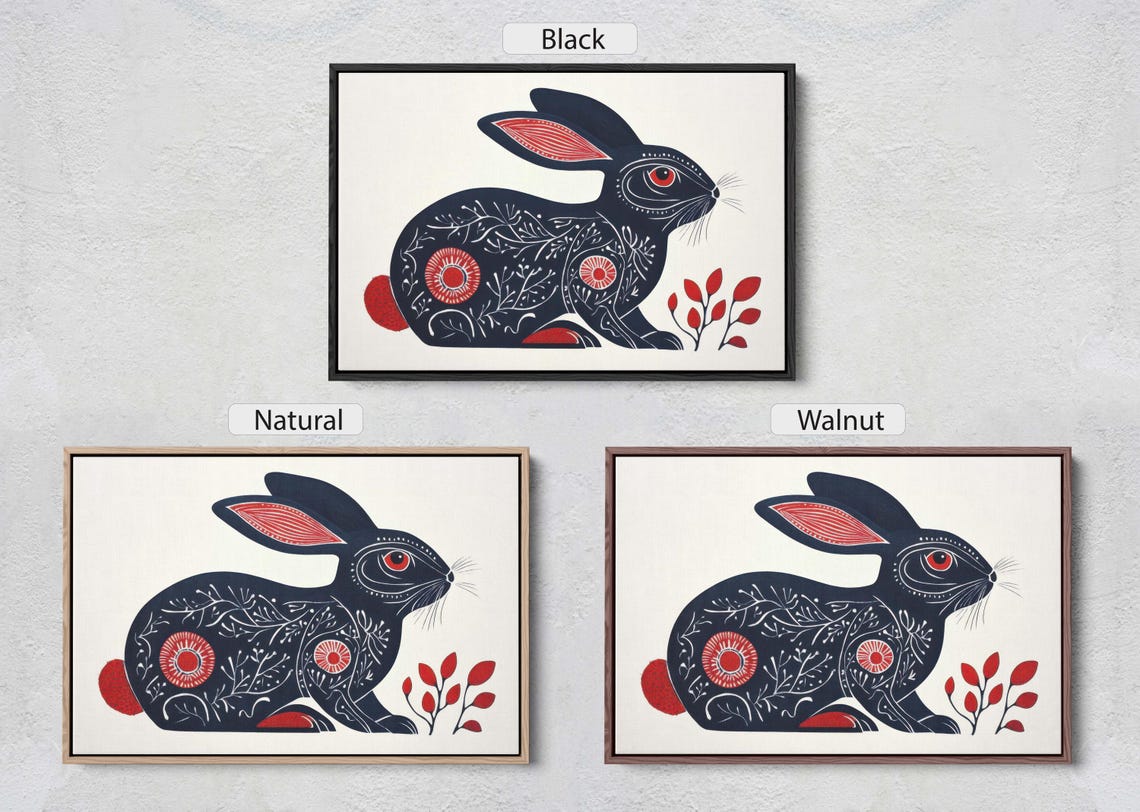 Black Folk Art Rabbit Red Floral Pattern Linocut Style Bunny Print - Image 2