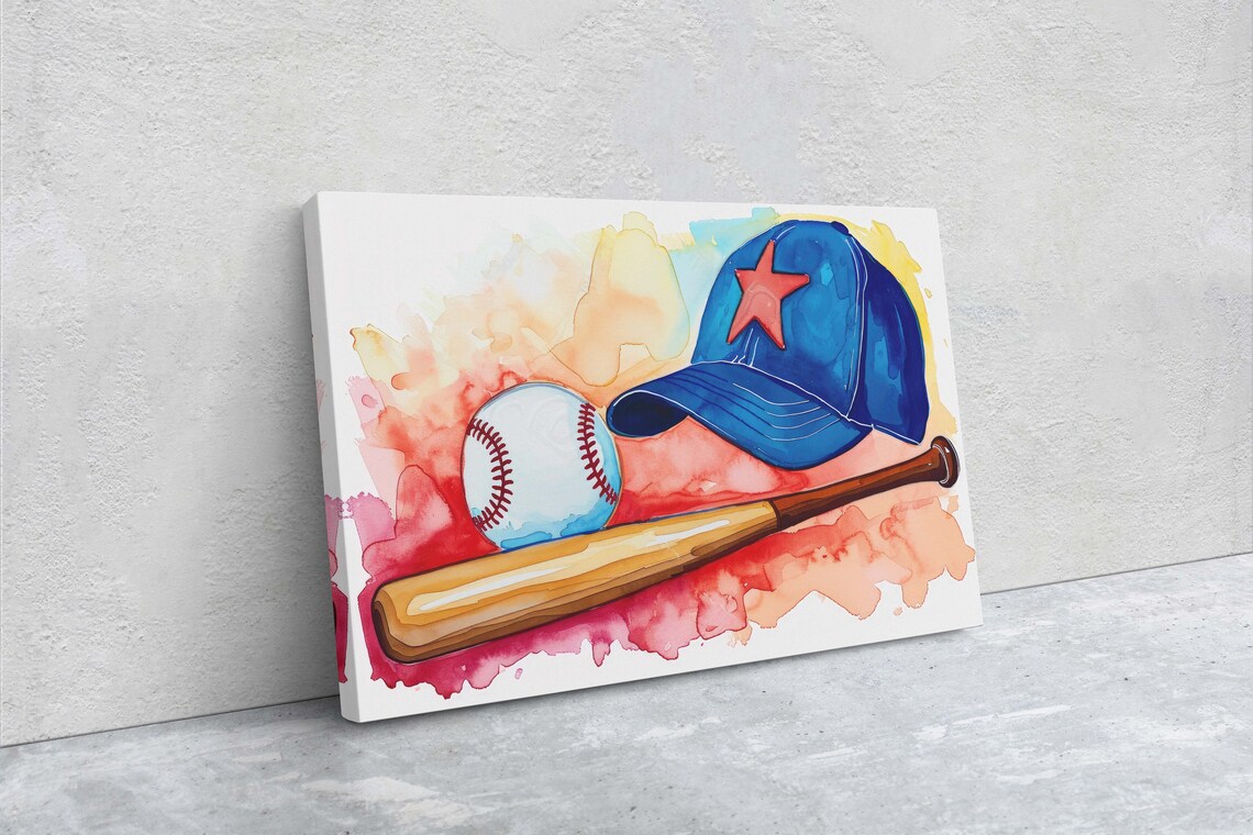 Colorful Watercolor Baseball Blue Cap Red Star Wooden Bat Art Poster - Image 2