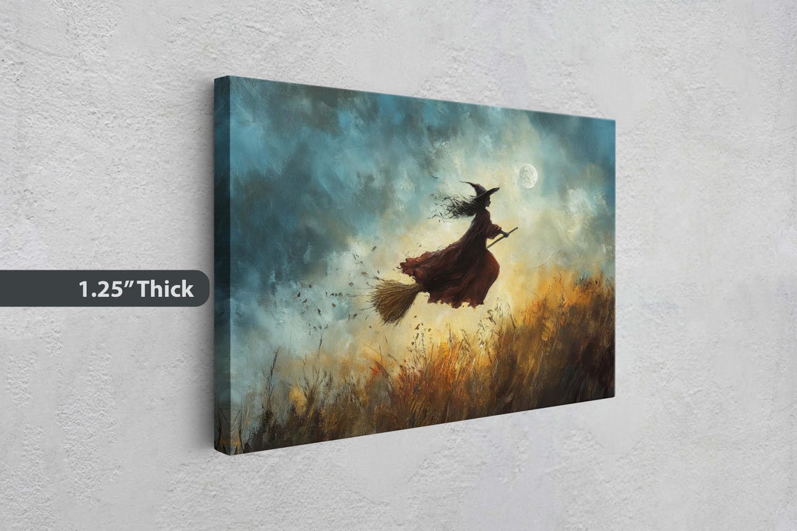 Witch on Broomstick Flying Over Golden Harvest Field Moonlight Poster - Image 3