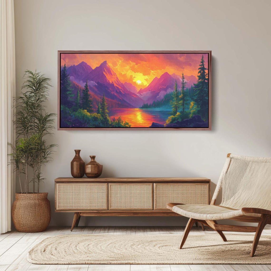 Vibrant Mountain Sunset Over Mirror Lake Orange Sky Landscape Poster - Image 2