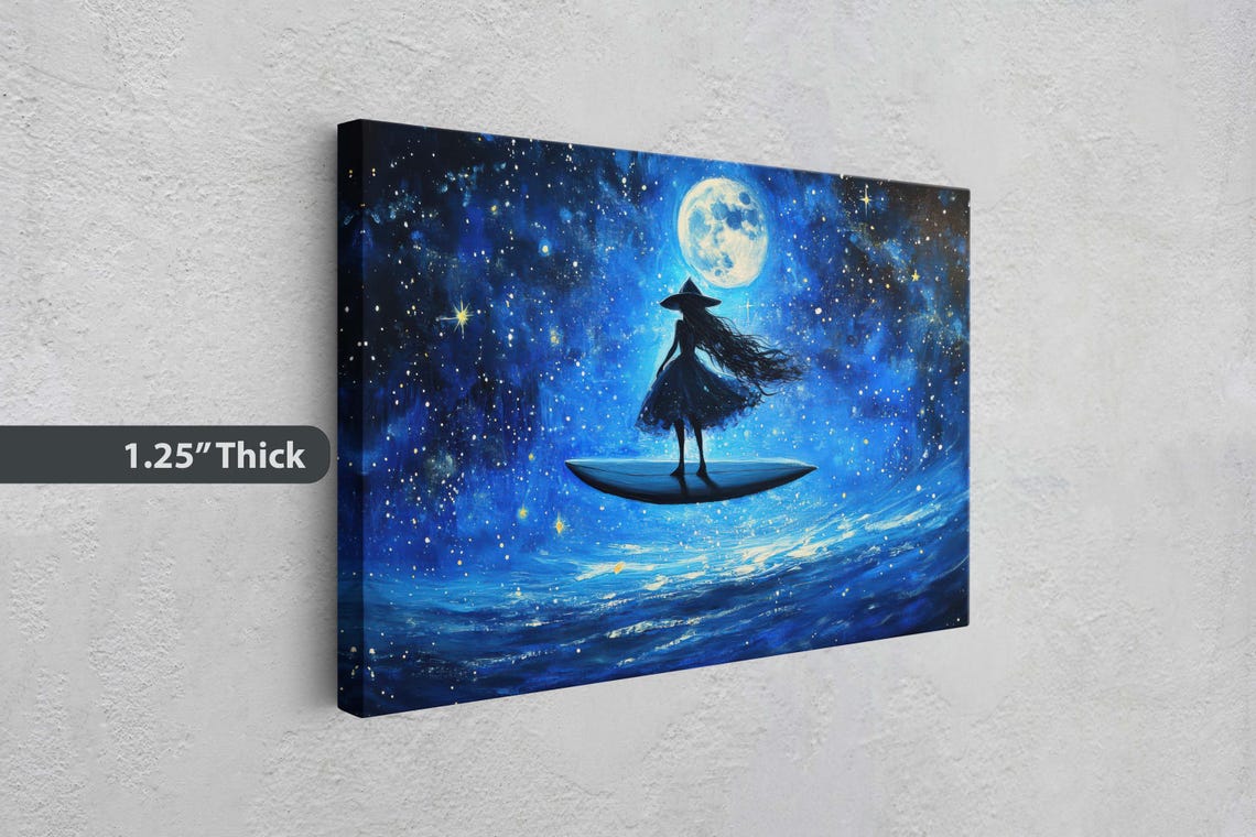 Surfing Witch Standing on Surfboard Under Starry Full Moon Night Print - Image 3