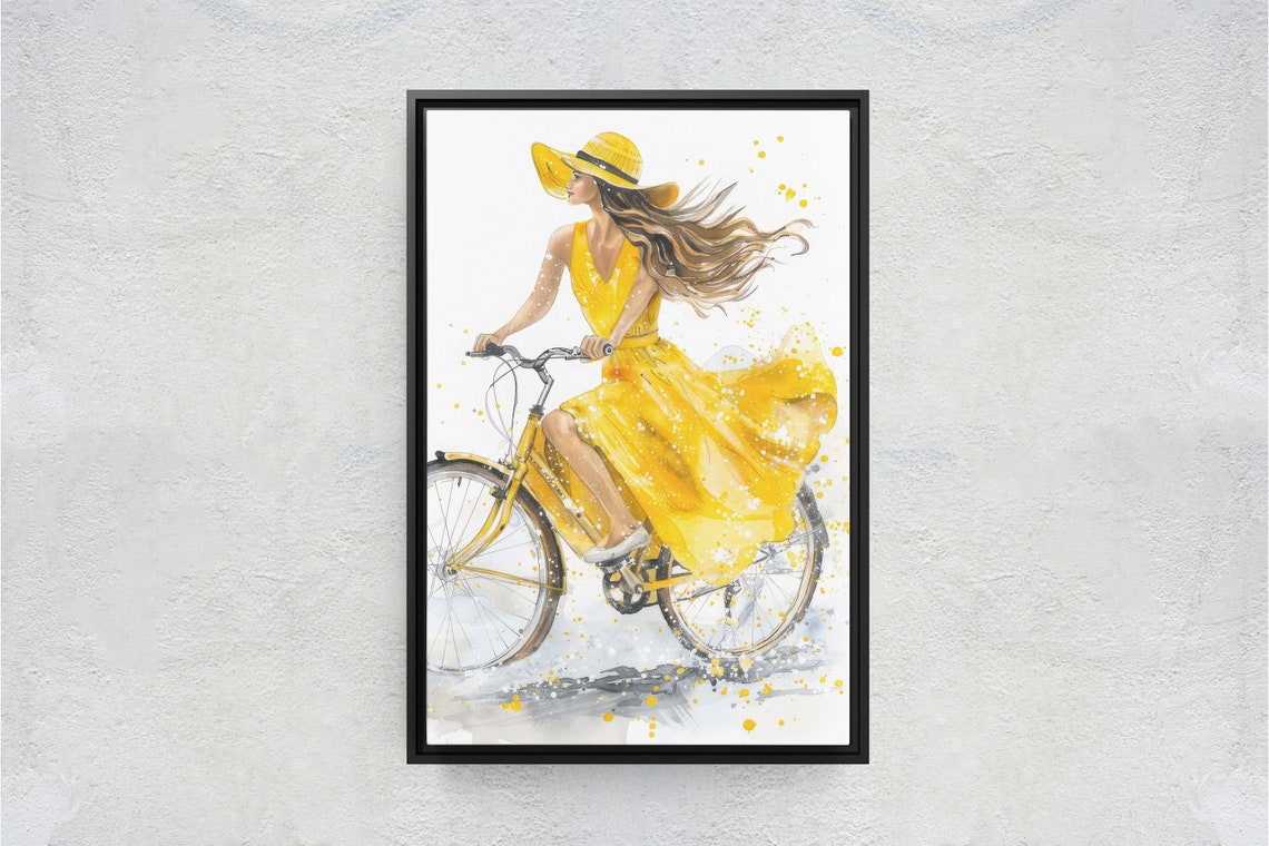 Woman Yellow Sundress Straw Hat Riding Yellow Bicycle Art Poster - Image 2