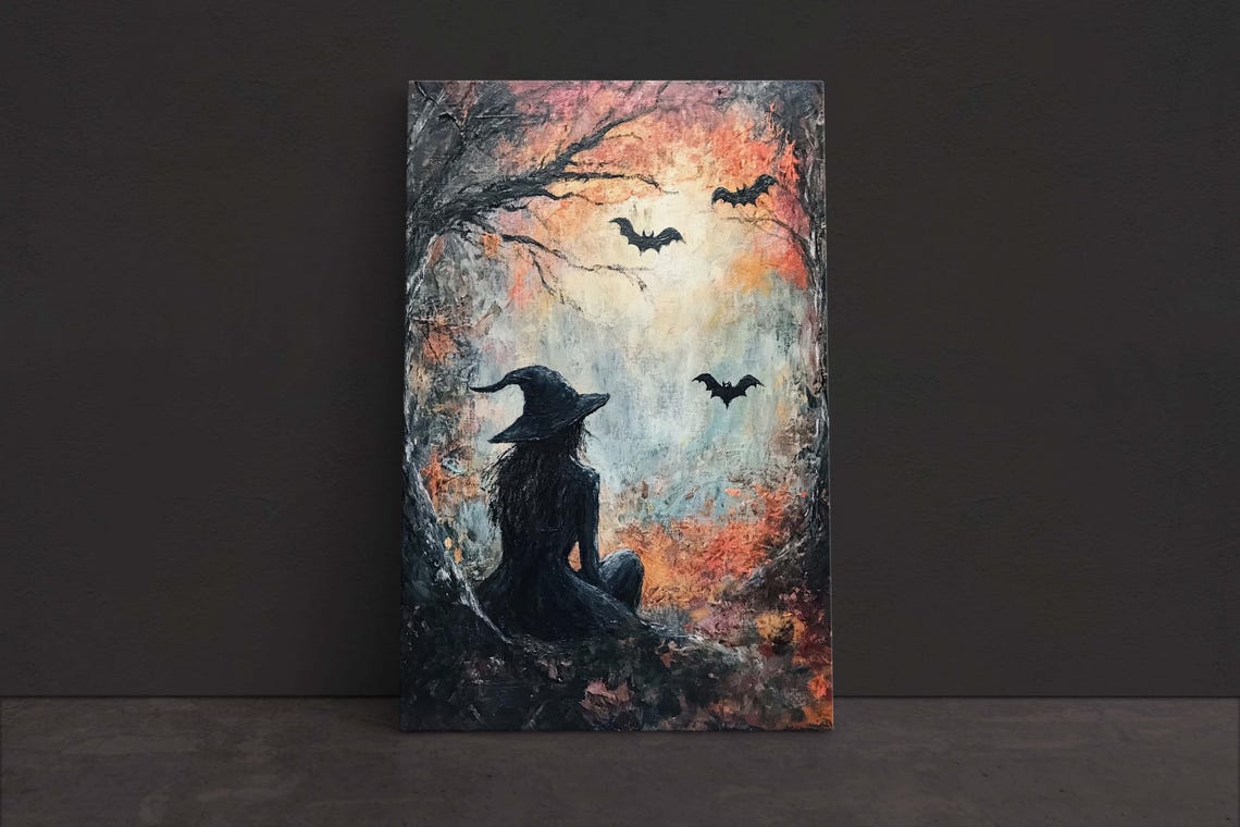 Witch Sitting in Autumn Forest With Bats Gothic Halloween Art Print