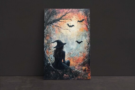 Witch Sitting in Autumn Forest With Bats Gothic Halloween Art Print