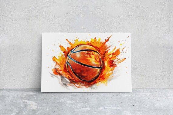 Flaming Basketball Fire Splash Watercolor Dynamic Sports Art Poster