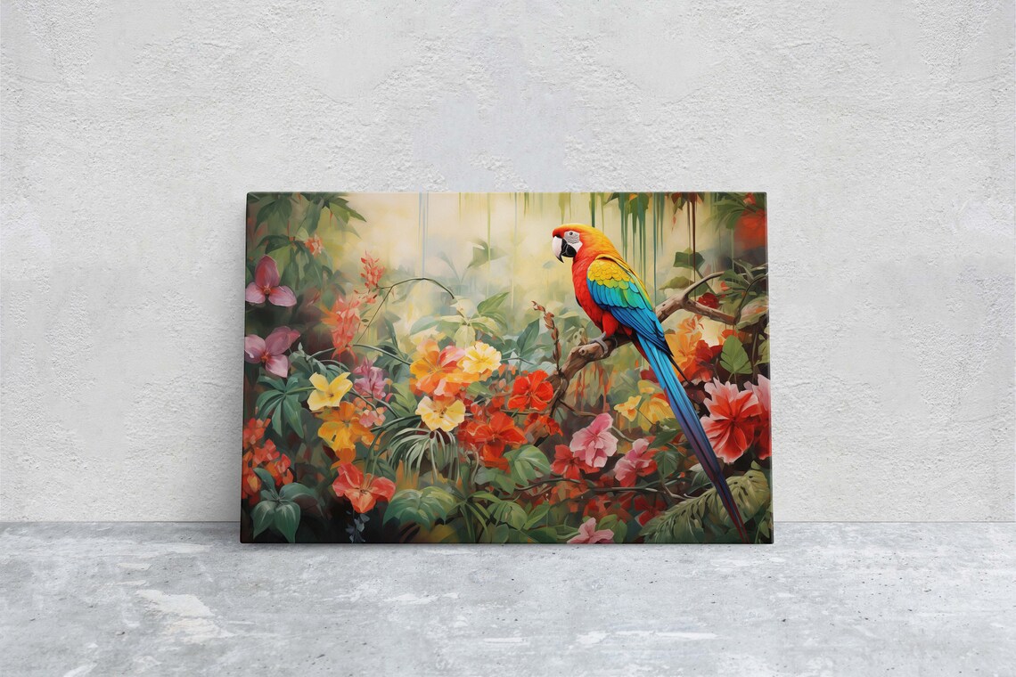 Scarlet Macaw Parrot Tropical Flower Garden Bright Jungle Art Print