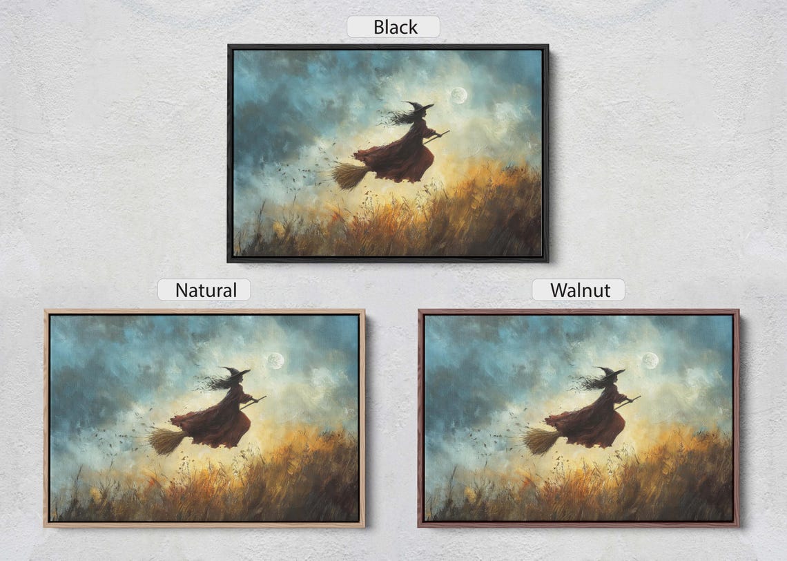 Witch on Broomstick Flying Over Golden Harvest Field Moonlight Poster - Image 2