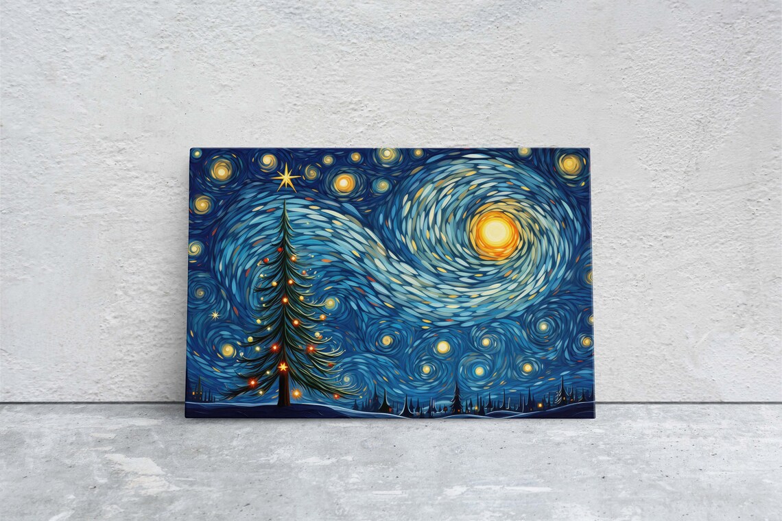 Starry Night Christmas Tree Winter Decor Art Print