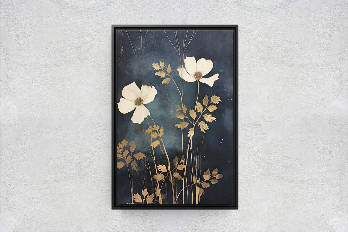 White Anemone Flowers Gold Leaves Dark Indigo Botanical Art Poster - Image 2