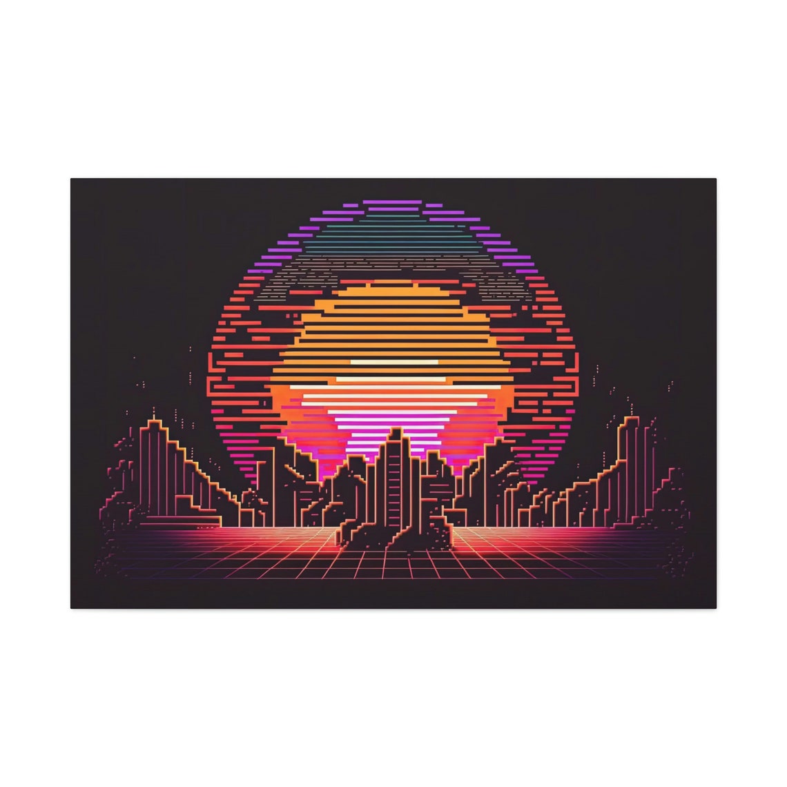 Pixel Art Sunset City Art Ready To Hang Large Print Man Cave Video Game Retro Synthwave