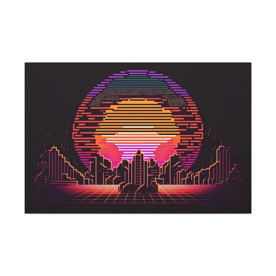 Pixel Art Sunset City Art Ready To Hang Large Print Man Cave Video Game Retro Synthwave