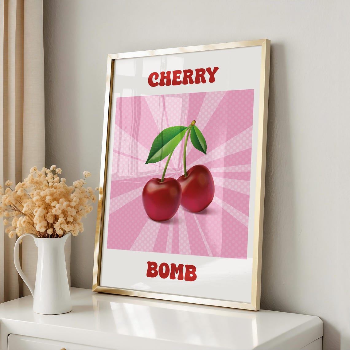 Cherry Bomb Retro Pop Art Cherries on Pink Sunburst Halftone Poster - Image 2