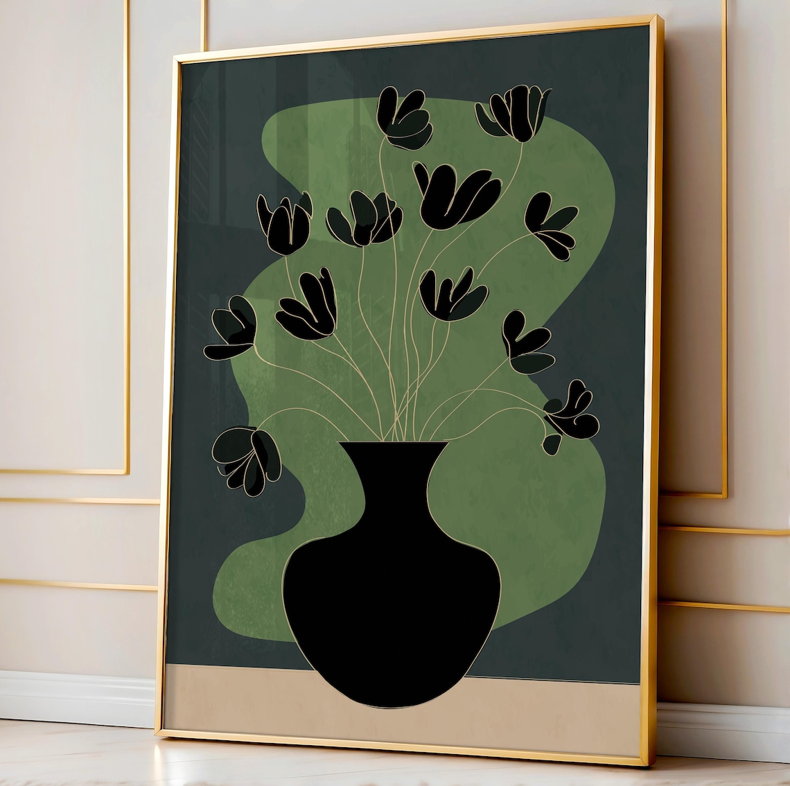 Black Tulip Poster Dark Green Abstract Botanical Mid Century Decor