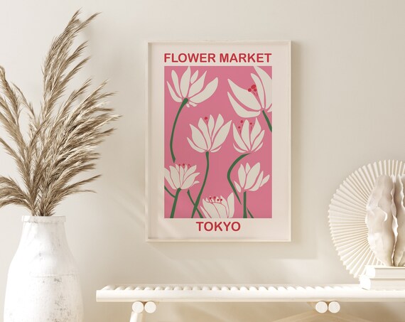Flower Market Tokyo Pink White Floral Graphic Botanical Print