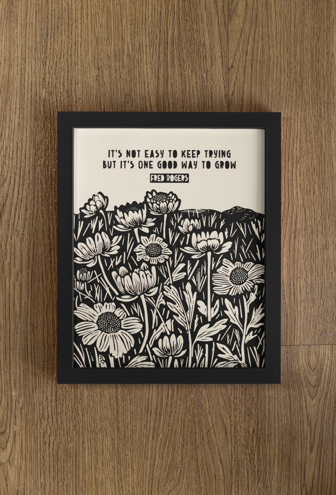 Fred Rogers Keep Trying Wildflower Meadow Black Lino Quote Poster